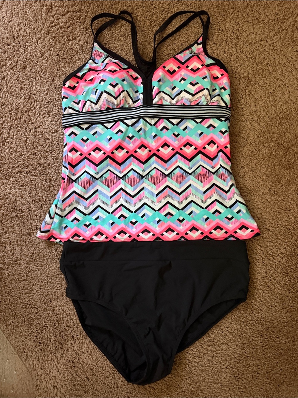 Striped Geometric Tankini Top with Black Bottoms - XL